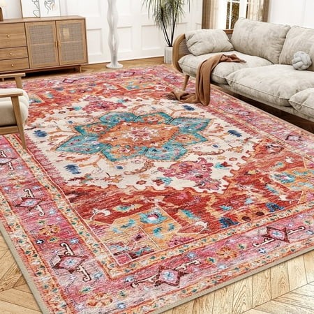 Area Rugs for Living Room Bedroom  Yamaziot 5 X7  Washable Rug Vintage Boho Throw Rug  Non-Slip Faux Wool Medallion Distressed Floor Mat Carpet with R