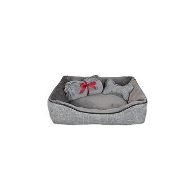 La Ti Paw 25 X 19 Pet Bed with Plush Bone Toy and Throw Blanket Gift Set, Dark Gray Linen