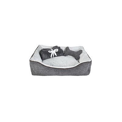 La Ti Paw 25 X 19 Pet Bed with Plush Bone Toy and Throw Blanket Gift Set, Dark Gray Chenille