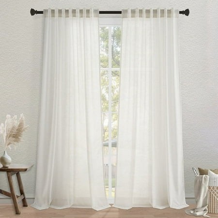 Topfinel 96 Inches Long Semi Sheer Curtains Natural Linen Blended Light Filtering Window Curtains for Living Room Bedroom Back Tab Drapes with Hooks