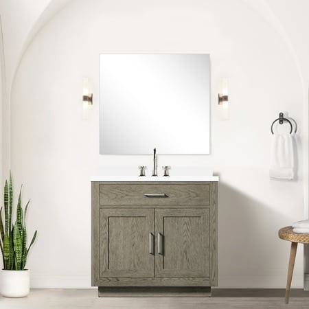 36  W X 22  D Grey Oak Bath Cabinet - Cultured Marble Counter & Faucet Soft Close with Solid Wood and Plywood 36 in. 22 Vanity Countertop Construction