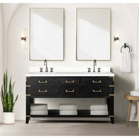 60 in W X 22 D Black Oak Double Bath Vanity Featuring Cultured Marble Counter & Mirrors - 4 Drawers and Open Cabinet for Extensive Storage  Soft Close