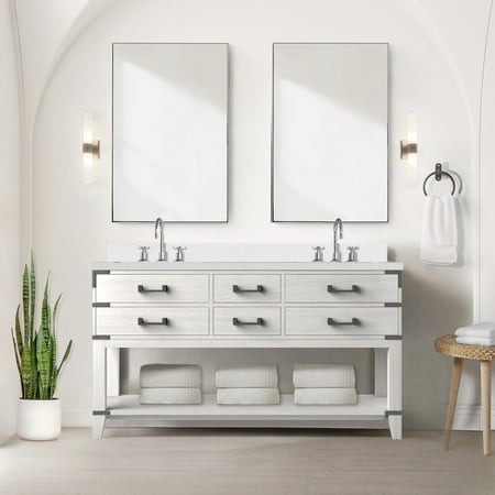 60  W White Oak Double Bath Vanity. Cultured Marble Counter. Solid Wood. Soft Close. Drawers & Open Cabinet for Storage. Hand-polished Sealed Top. 8  