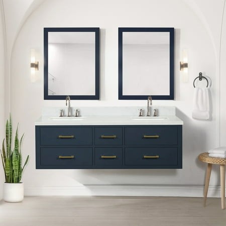 60 in. W X 22 D Blue Bathroom Vanity with Cultured Marble Top & Faucet - Solid Wood  Plywood Double Bath Width Depth Counter Faucets Wood