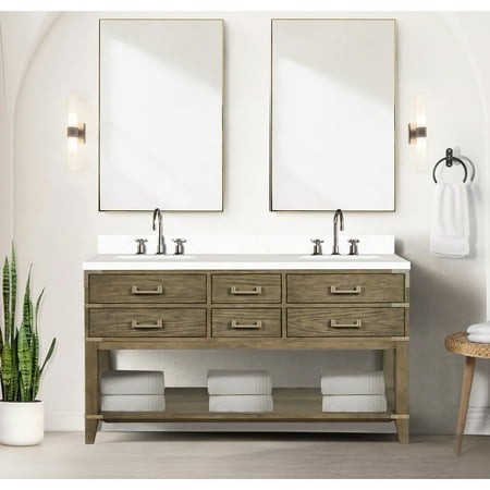 Double Bath Vanity in Grey Oak Style  60  W X 22  D  Cultured Marble Bathroom Counter Top  Faucet  28  Mirrors 60 in. 22 in.  Sink 28