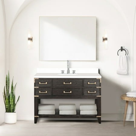 Brown Oak Single Bath Storage Unit 48 in. W X 22 D  Cultured Marble Counter Surface  Faucet  46 Mirror - Practical Bathroom Organizer D Vanity  Polish