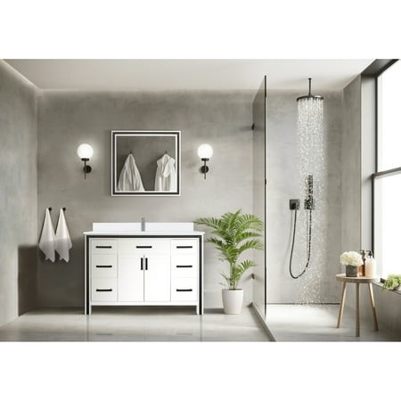 48 in. W White Bath Vanity with Cultured Marble Top  Faucet  and 34 Mirror - to Scratches Stains Counter  Faucet   Scratch Stain for Long-term Durabil