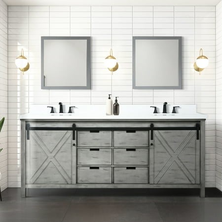 80 in. W Ash Grey Bath Vanity with Marble Counter  Matte Black Faucet  30 Mirrors - Stain and Scratch Construction Double Featuring Cultured Counterto
