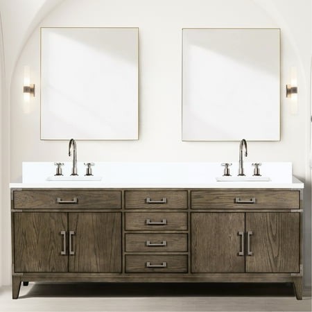 Grey Oak 84 in. X 22 Double Bath Vanity with Cultured Marble Counter - Solid Wood Build  Soft Close Design  Generous Storage Two Cabinets  Four Drawer