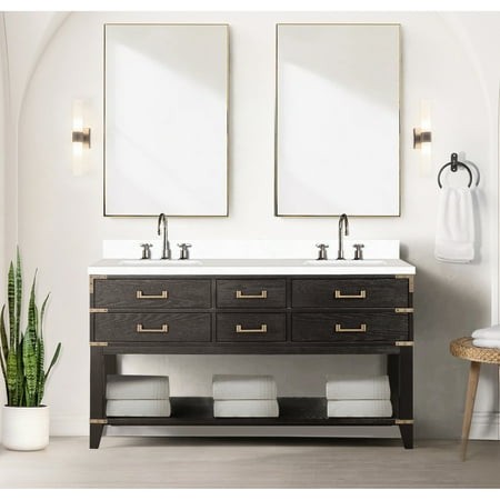Brown Oak Bath Vanity 60 in. - Cultured Marble Top  Solid Wood  Soft Close  Abundant Storage Capacity W with Counter Drawer Space