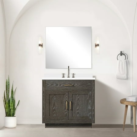 Brown Oak 36 W X 22 D Bath Vanity with Cultured Marble Deck Top and Faucets  Soft Close  Solid Wood Frame Counter Faucet  Cabinet