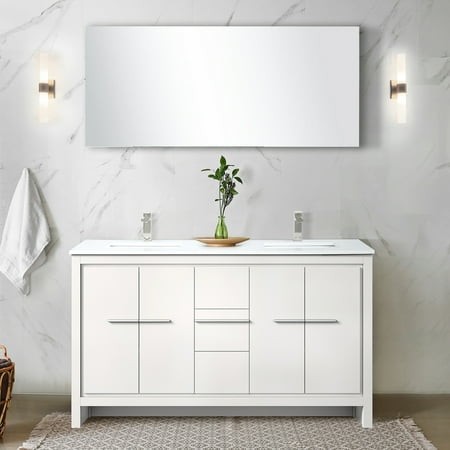 White Solid Wood Bath Vanity with Cultured Marble Countertop 60  X 20 60 in. Wide Marble-like Counter and Soft Close