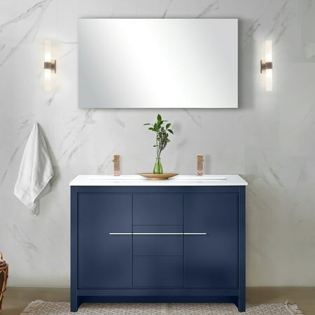 Navy Blue Double Bath Vanity - 48 in. W X 20 D  Cultured Marble Counter  Rose Gold Faucet  Soft Close Design  and Scratch Stain Countertop  Function  