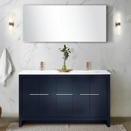 Navy Blue Double Vanity 60 in. X 20 in.  Cultured Marble Counter  Rose Gold Faucet  55 Mirror  Long-lasting Quality with Top and Stain Scratch Constru