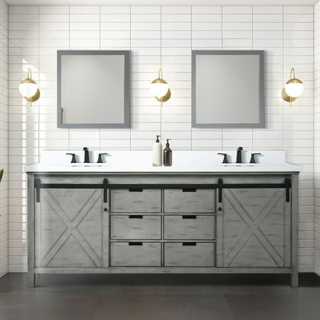 80 in. Ash Grey Bath Vanity with Cultured Marble Counter  Matte Black Faucet  30 Mirrors - Long Lasting Durability Double Top  Faucet   to Scratches a