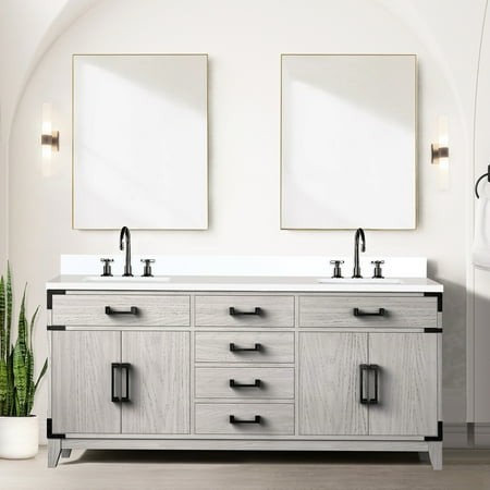 72 in. White Oak Bathroom Vanity with Cultured Marble Countertop and Faucet - Soft Close Storage for Bathrooms 72  Bath Counter Cabinets Drawers