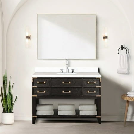 48 in. W X 22 D Brown Oak Bathroom Vanity  Sealed Cultured Marble Counter Deck  Faucet  46 Mirror - Single Bath Console Table D  Tabletop  Elegant Acc