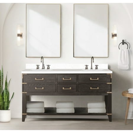 Brown Oak Double Bath Vanity 60  W X 22  D with Cultured Marble Counter and Included Mirrors - Ample Storage Provided by Four Drawers Open Shelf  Soft