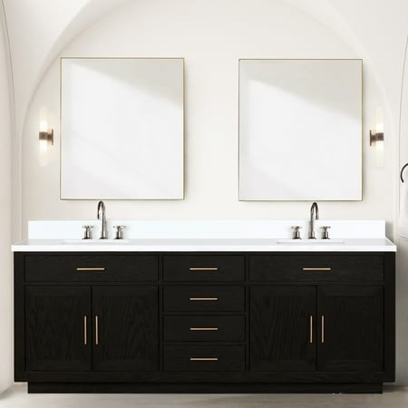 Brown Oak Double Bath Vanity 84 in. X 22 with Cultured Marble Counter and Faucet - Soft Close  Solid Wood Frame  Plywood Cabinet W D Plywood  Construc