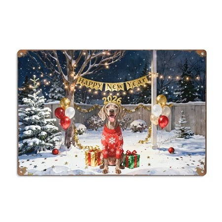 Happy New Year 2026 Weimaraner Holiday Balloons Party Snow Horizontal Metal Aluminum Sign Weim Gray Ghost Dog Lover Wall Art Home Decor - 13018