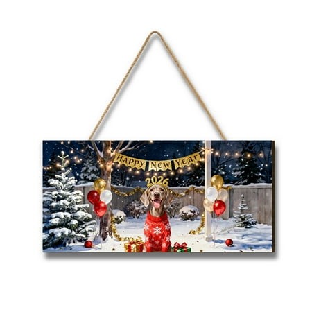 Happy New Year 2026 Weimaraner Holiday Balloons Party Snow Landscape Wood Sign Weim Gray Ghost Dog Lover Hanging Wall Home Decor - 13018
