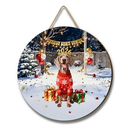 Happy New Year 2026 Weimaraner Holiday Balloons Party Snow Round Wood Sign Weim Gray Ghost Dog Lover Hanging Wall Home Decor - 13018