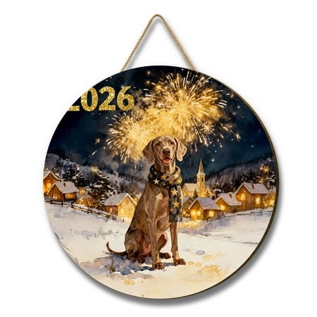 Weimaraner Happy New Year 2026 with Fireworks on New Year S Eve Round Wood Sign Weim Gray Ghost Dog Lover Hanging Wall Home Decor - 12022