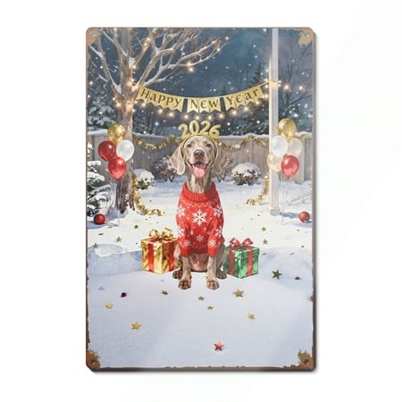 Happy New Year 2026 Weimaraner Holiday Balloons Party Snow Vertical Metal Aluminum Sign Weim Gray Ghost Dog Lover Wall Art Home Decor - 13018