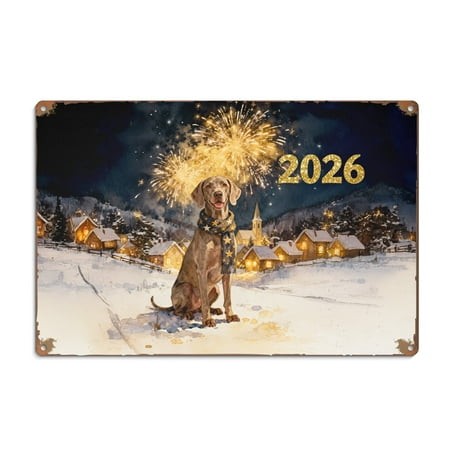 Weimaraner Happy New Year 2026 with Fireworks on New Year S Eve Horizontal Metal Aluminum Sign Weim Gray Ghost Dog Lover Wall Art Home Decor - 12022