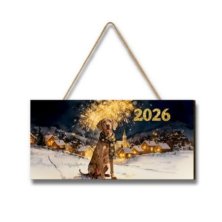 Weimaraner Happy New Year 2026 with Fireworks on New Year S Eve Landscape Wood Sign Weim Gray Ghost Dog Lover Hanging Wall Home Decor - 12022