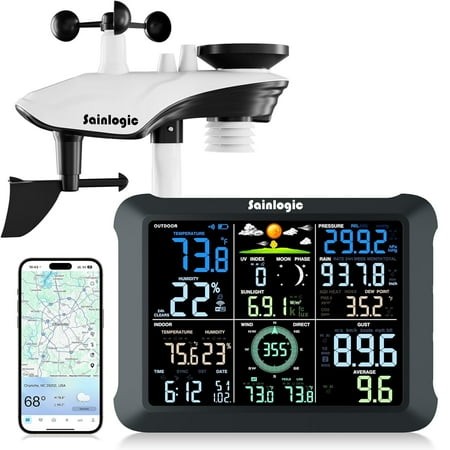 Sainlogic WiFi Smart Weather Station SA9 with 24H/ 7Days Accurate Weather Forecast by Weatherseed® AI  8.5  Large Display UV Sun Light Rain Gauge Win