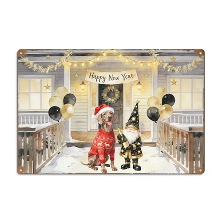 Happy New Year 2026 Weimaraner Santa Gnome Holiday Party Snow Horizontal Metal Aluminum Sign Weim Gray Ghost Dog Lover Wall Art Home Decor - 13019