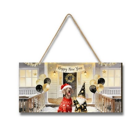 Happy New Year 2026 Weimaraner Santa Gnome Holiday Party Snow Landscape Wood Sign Weim Gray Ghost Dog Lover Hanging Wall Home Decor - 13019