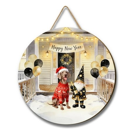 Happy New Year 2026 Weimaraner Santa Gnome Holiday Party Snow Round Wood Sign Weim Gray Ghost Dog Lover Hanging Wall Home Decor - 13019