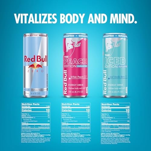 Red Bull Energy Drink SugarFree Variety Pack, Zero, Peach, Iced Vanilla Berry, with 80mg Caffeine, Taurine & B Vitamins, 8.4 Fl. Oz, Pack of 12 Can thumbnail