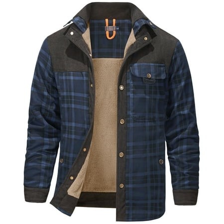 Mr.Stream Men S Sherpa Lined Fleece Long Sleeve Plaid Flannel Snap Shirts Jackets 3251 Dark Blue 2XL