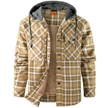 Mr.Stream Men S Sherpa Lined Fleece Coats Work Plaid Flannel Snap Hooded Jackets 3252 Khaki M