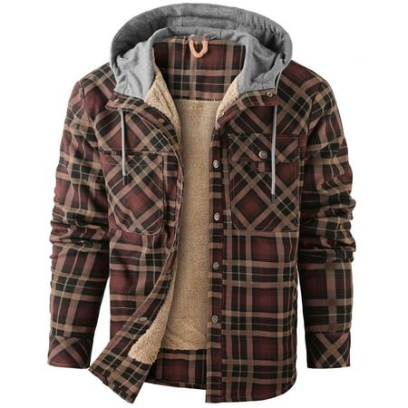 Mr.Stream Men S Sherpa Lined Fleece Coats Work Plaid Flannel Snap Hooded Jackets 3252 Coffee S
