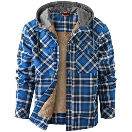 Mr.Stream Men S Sherpa Lined Fleece Coats Work Plaid Flannel Snap Hooded Jackets 3252 Blue XL