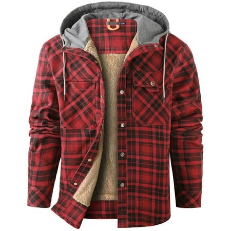 Mr.Stream Men S Sherpa Lined Fleece Coats Work Plaid Flannel Snap Hooded Jackets 3252 Red L