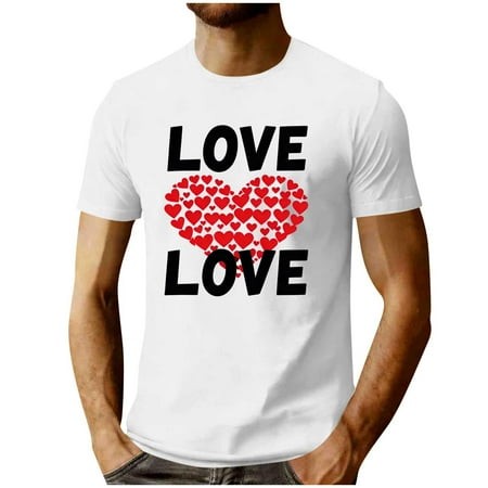 QQAMB Valentine S Day T-Shirt for Men Fashion Heart Graphic Love Printed Short Sleeve Shirts Casual Crewneck Vacation Tops White L