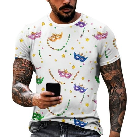 Dresfit Carnival Shirts Mens Short Sleeve Carnival Mask Printed Parade T-Shirts Spring Crew Neck Big and Tall Graphic Holiday Top White L