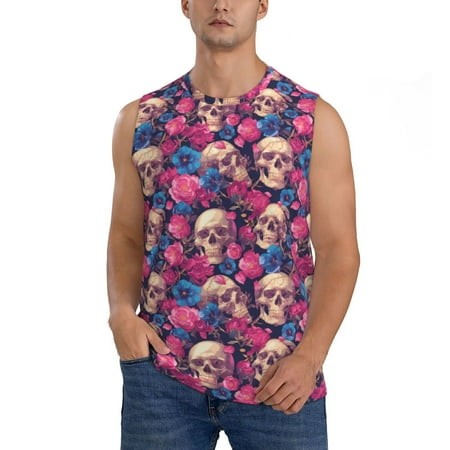 Pofeuu Skull Rose Blue Flower Print Men S Muscle T-Shirt  Sleeveless  Muscle Tank  Classic Muscle Tee Top for Men Casual Sleeveless Muscle T-Shirt Tre