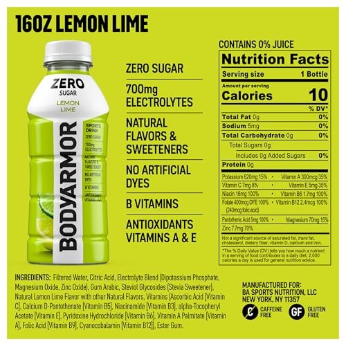 BODYARMOR ZERO Sugar Lemon Lime Electrolyte Drink, Natural Flavors, 16 Fl Oz Bottles (6 Pack), B Vitamins & Antioxidants Sugar Free Hydration thumbnail