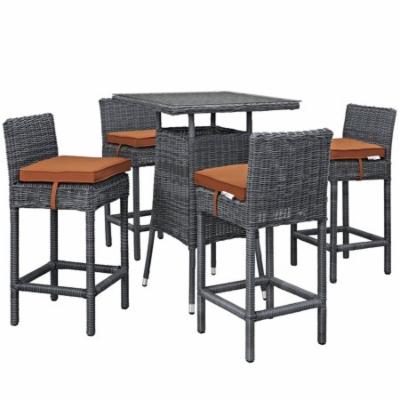 Modern Contemporary Urban Design Outdoor Patio Balcony Five PCS Pub Bar Chairs and Table Set, Orange, Rattan