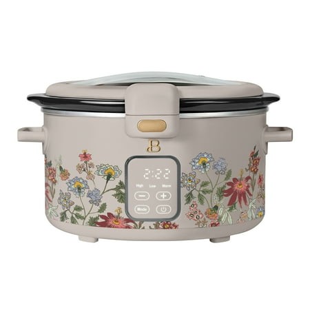 beautiful 4 qt digital slow cooker with hinged locking lid wildflower porcini by drew barrymore