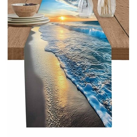 Sunset Beach Table Runner Spray Ocean Waves Sky Nature Scenery Tablerunners 14 X 72 Inch  Table Decorations Tabletop Scarf for Summer Gathering Holida