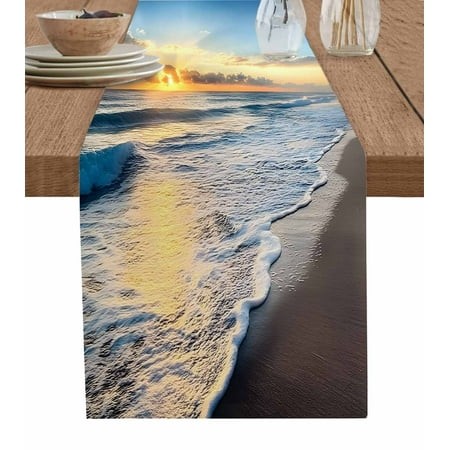 Beach Ocean Table Runner Sunset Sea Waves Spray Sky Nature Landscape Tablerunners 14 X 72 Inch  Table Decorations Tabletop Scarf for Summer Gathering 