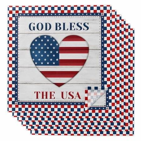 Heart with Independence Wooden Stripes Cloth Napkins Set of 6  Holiday Napkins for Baby Shower  Red Blue White Buffalo Checker Washable Reusable Dinne