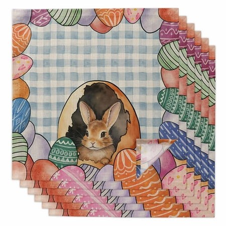 Boanket Easter Buffalo Bunny  Cloth Napkins Set of 6  Holiday Napkins for Baby Shower  Rustic Easter Eggs Plaid Check Blue Washable Reusable Dinner Na
